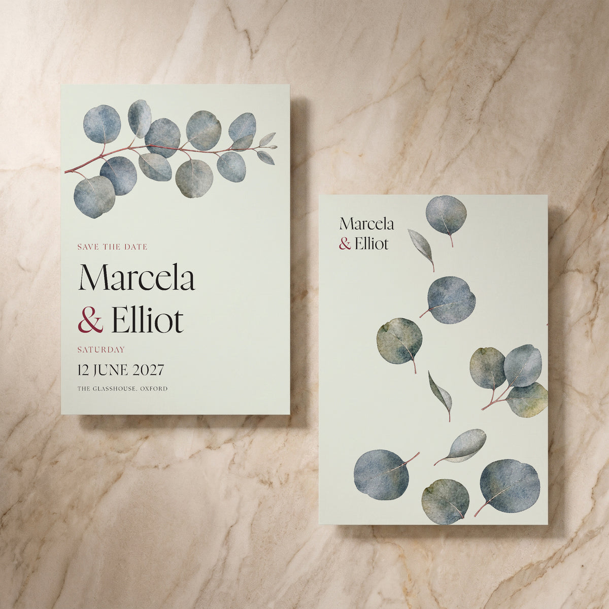 Eucalyptus wedding save the date card, front and reverse, designed and printed in Suffolk