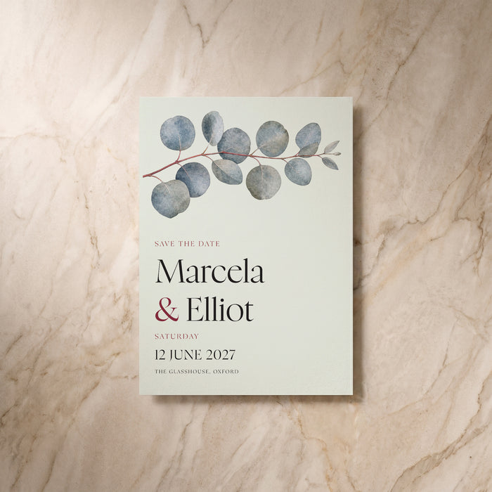 Eucalyptus wedding save the date card, front design, designed and printed in Suffolk