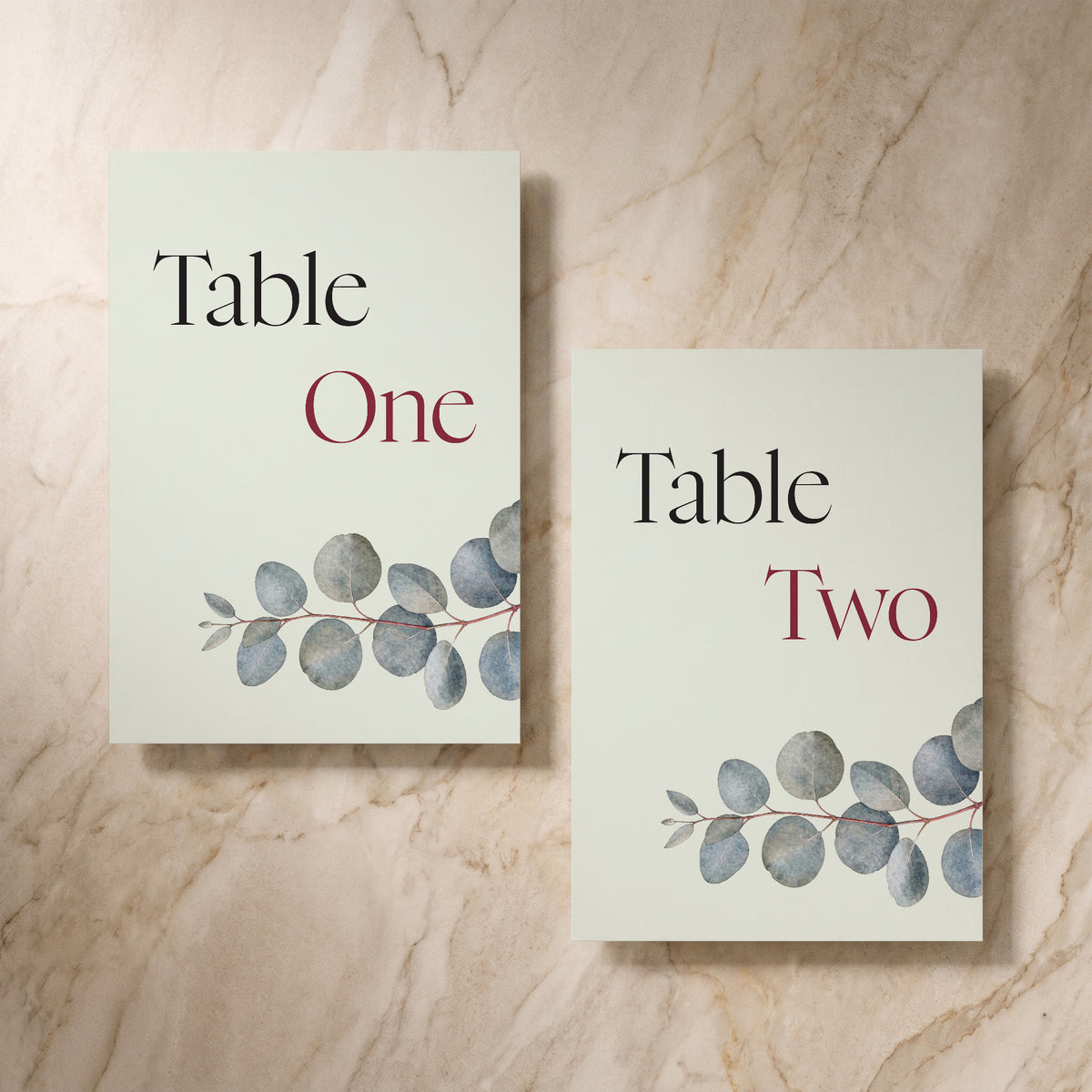 Eucalyptus wedding table number, front and reverse, designed and printed in Suffolk