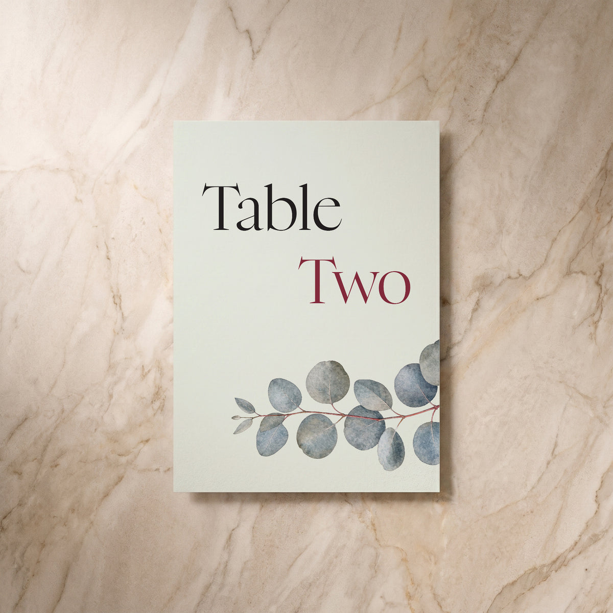 Eucalyptus wedding table number, reverse design, designed and printed in Suffolk