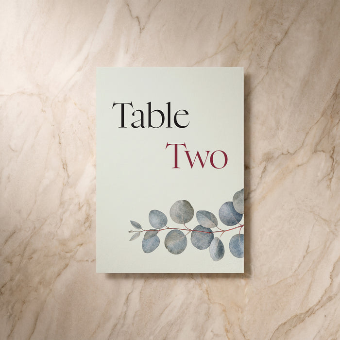Eucalyptus wedding table number, reverse design, designed and printed in Suffolk