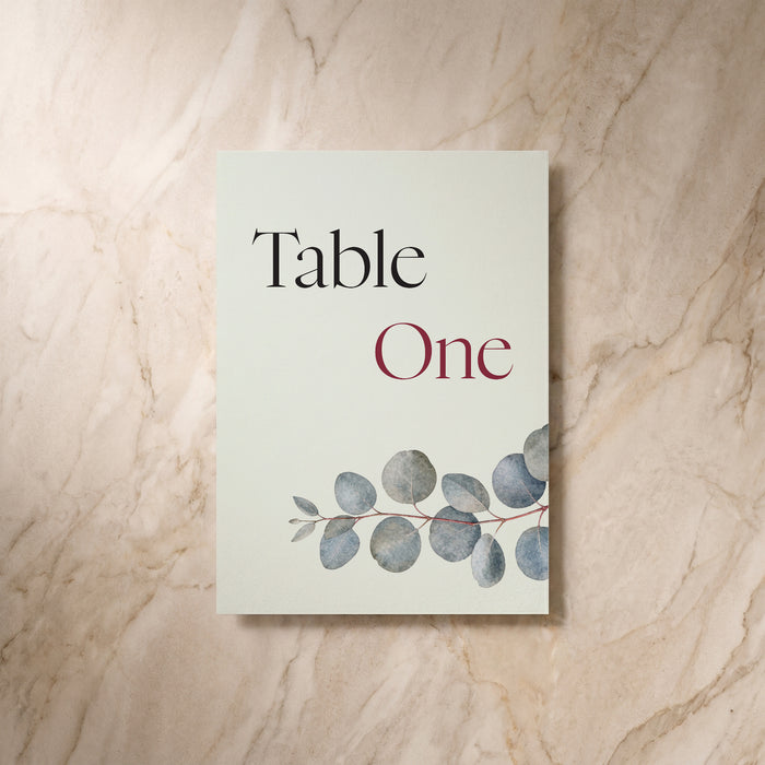 Eucalyptus wedding table number, front design, designed and printed in Suffolk