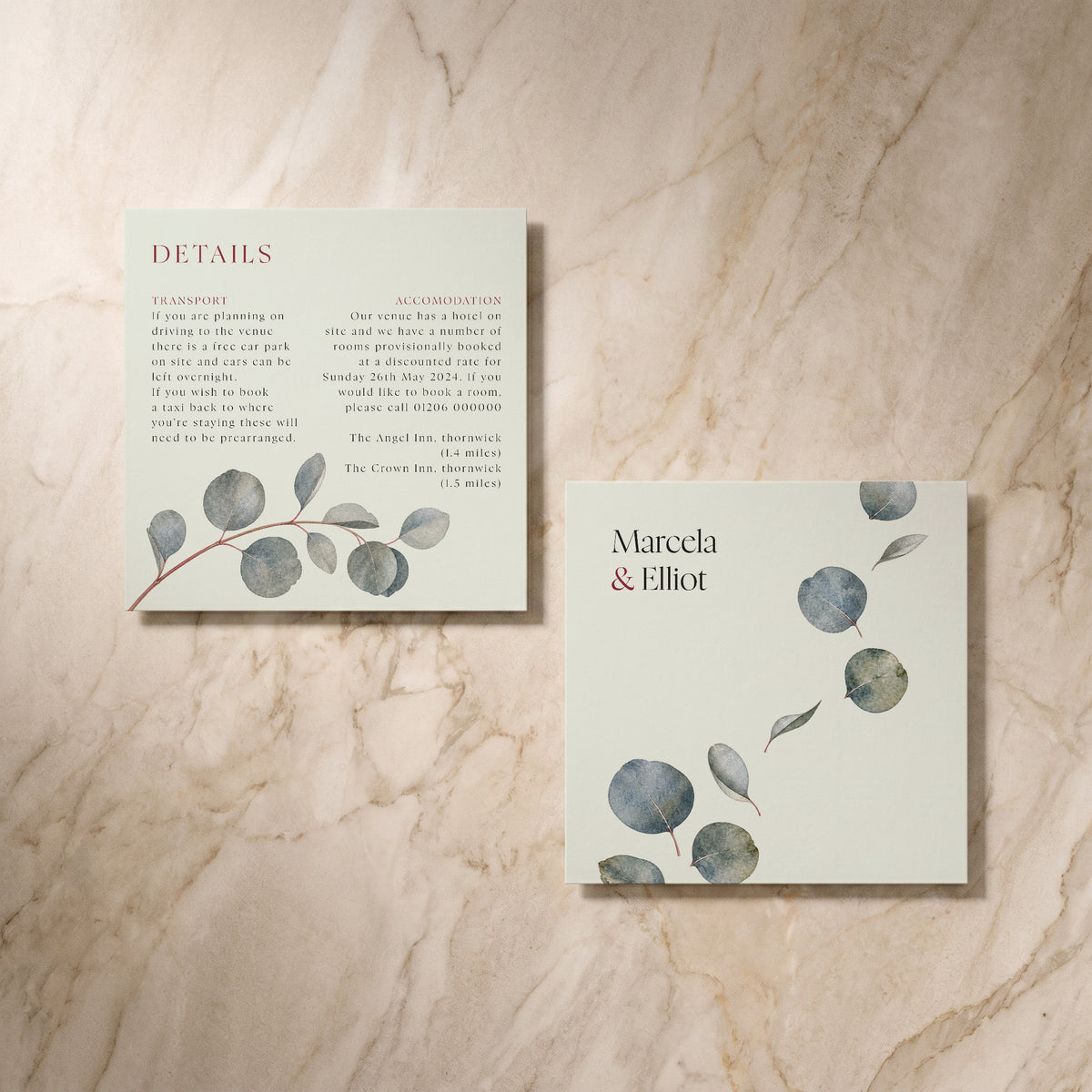 Eucalyptus wedding details card, front and reverse, designed and printed in Suffolk