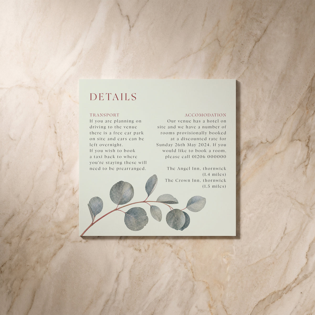 Eucalyptus wedding details card, front design, designed and printed in Suffolk