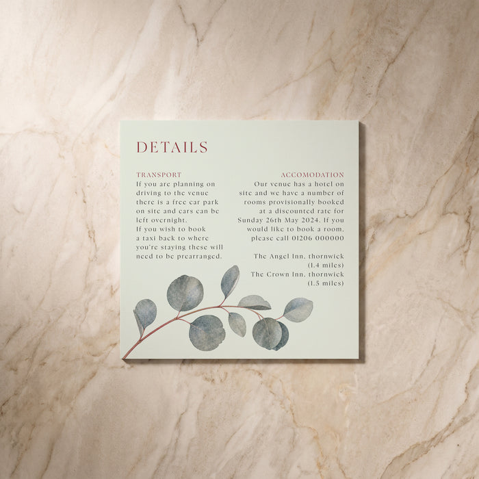 Eucalyptus wedding details card, front design, designed and printed in Suffolk