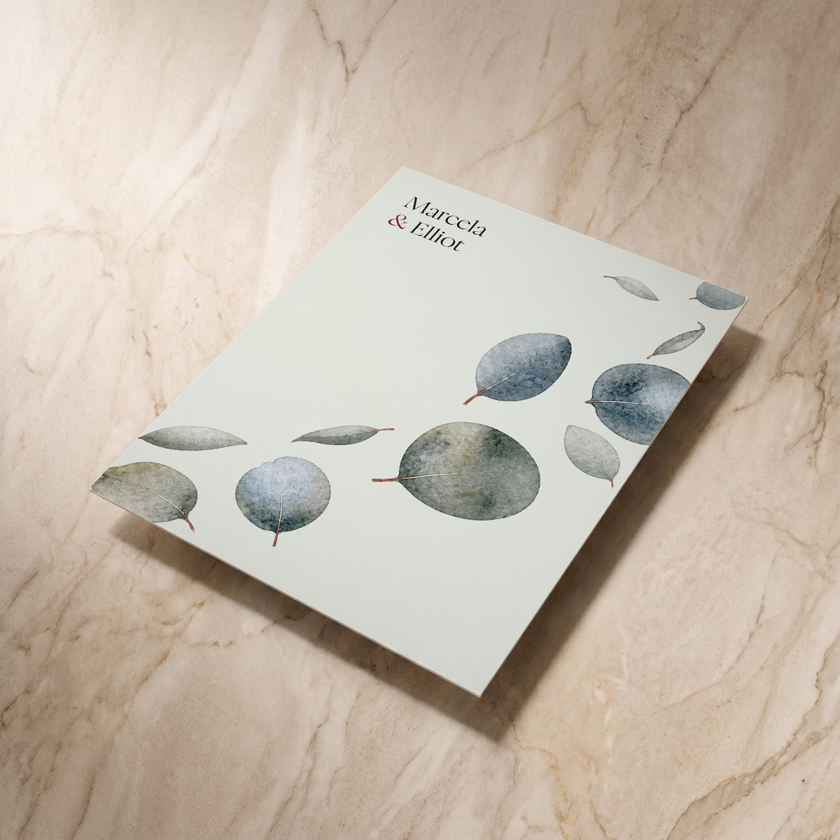 Eucalyptus wedding invitation, reverse shown at an angle, designed and printed in Suffolk
