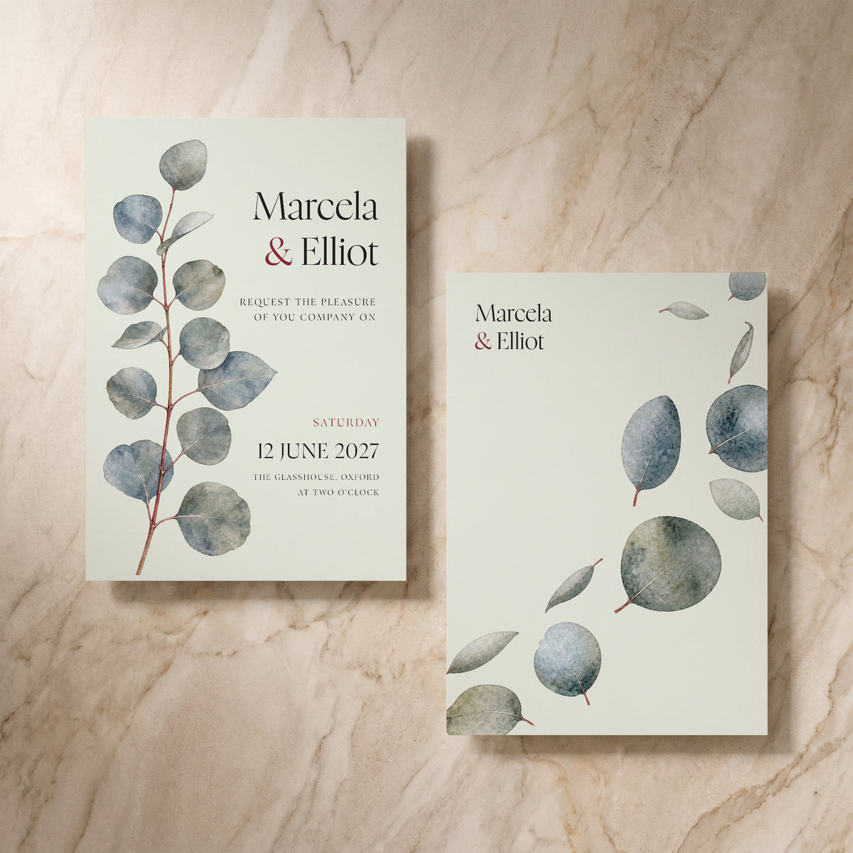 Eucalyptus wedding invitation, front and reverse, designed and printed in Suffolk