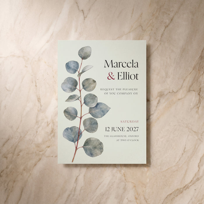Eucalyptus wedding invitation, front design, designed and printed in Suffolk
