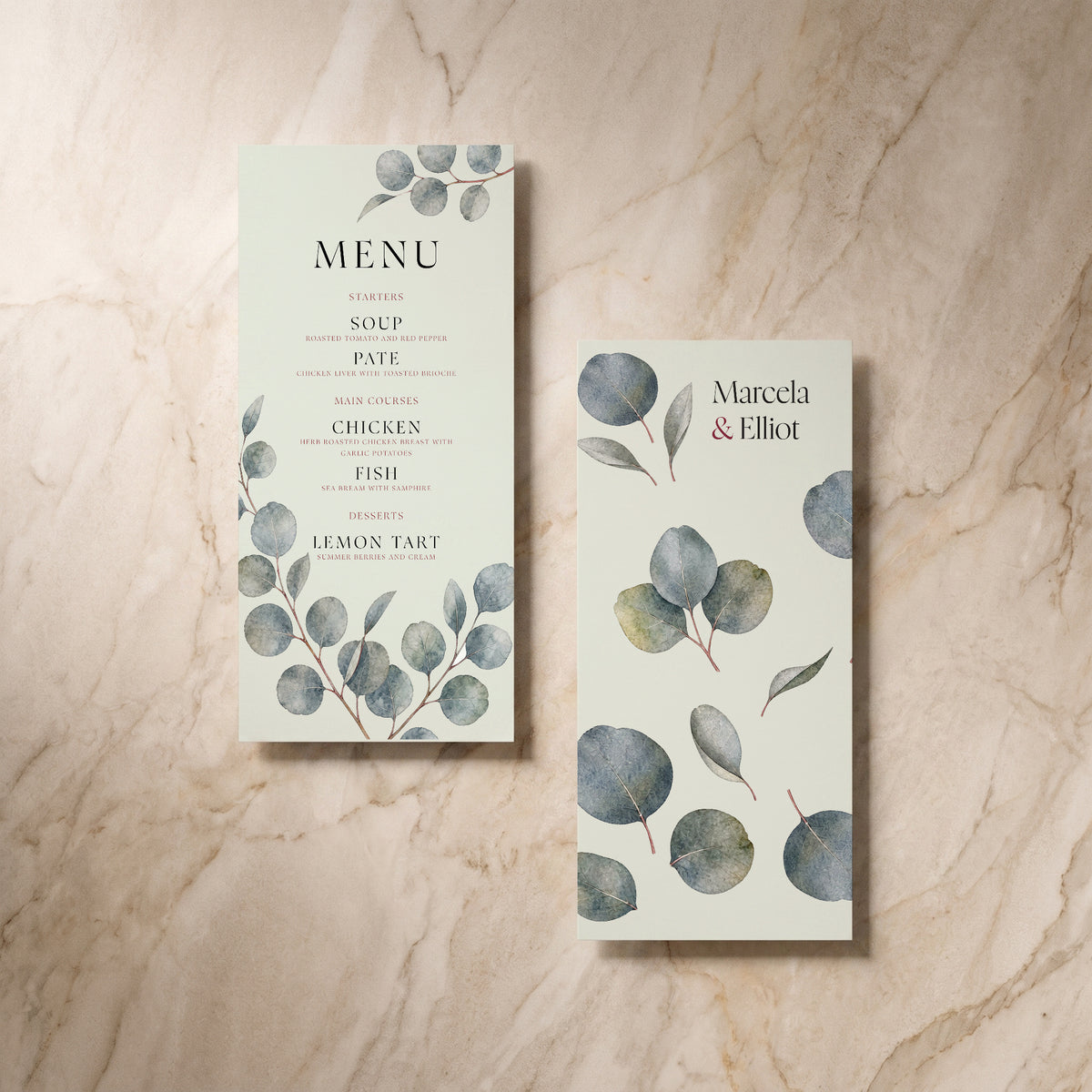 Eucalyptus wedding menu card, front and reverse, designed and printed in Suffolk
