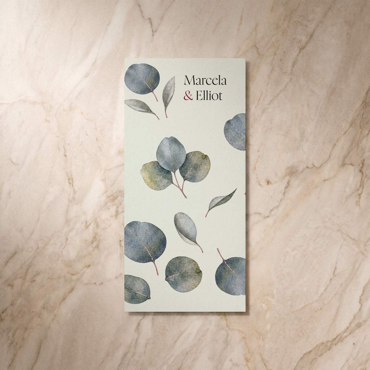 Eucalyptus wedding menu card, reverse design, designed and printed in Suffolk