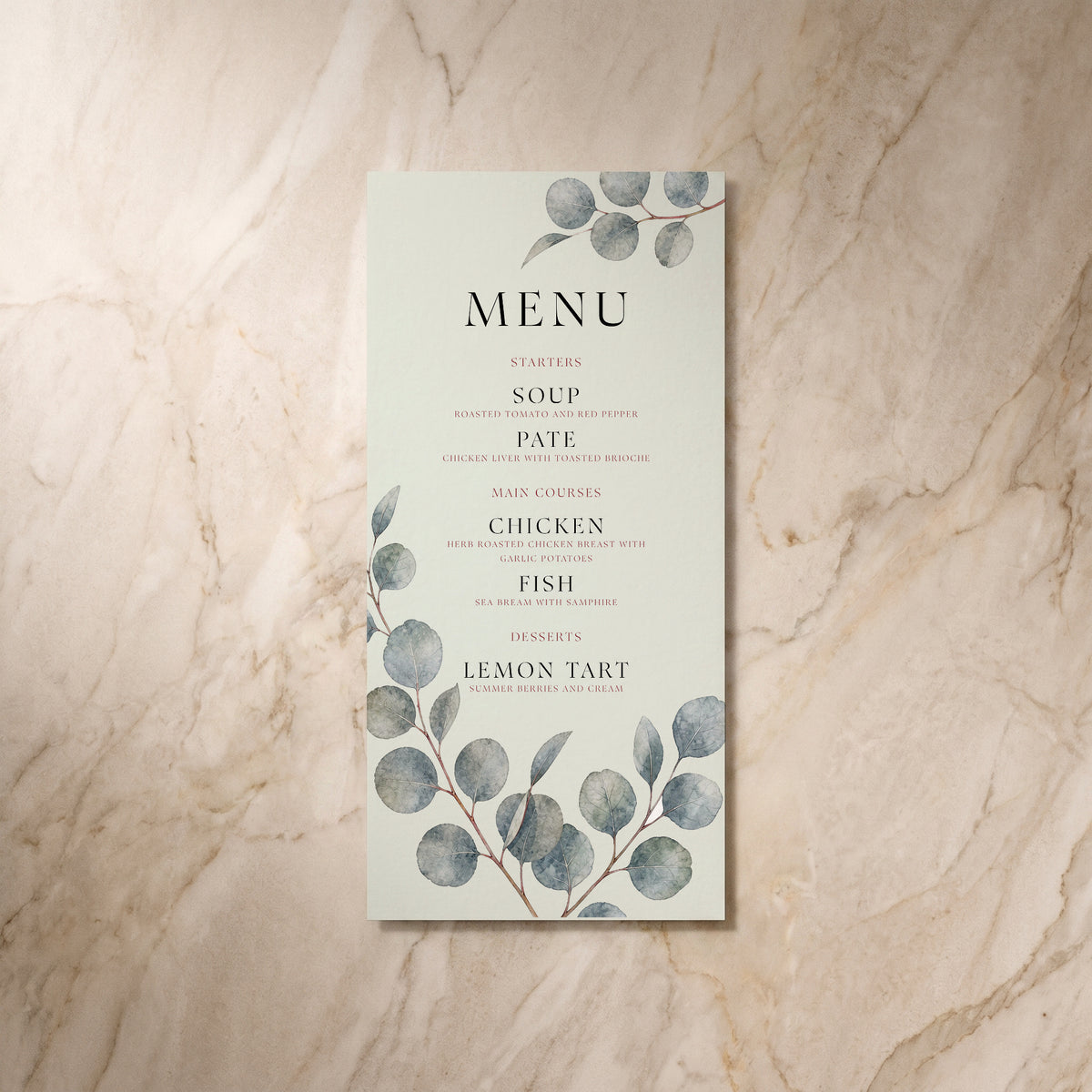 Eucalyptus wedding menu card, front design, designed and printed in Suffolk