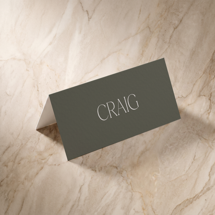 Typeface place card in forest green, front design, designed and printed in Suffolk