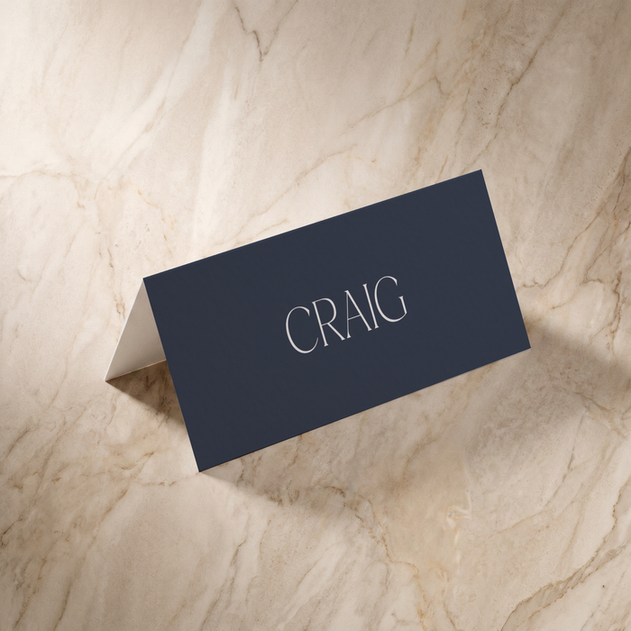 Typeface place card in navy, front design, designed and printed in Suffolk