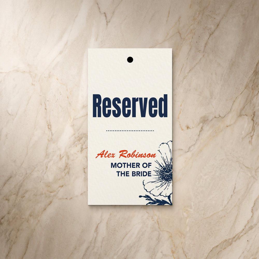 Illustrative wedding reserved tag, front design, designed and printed in Suffolk