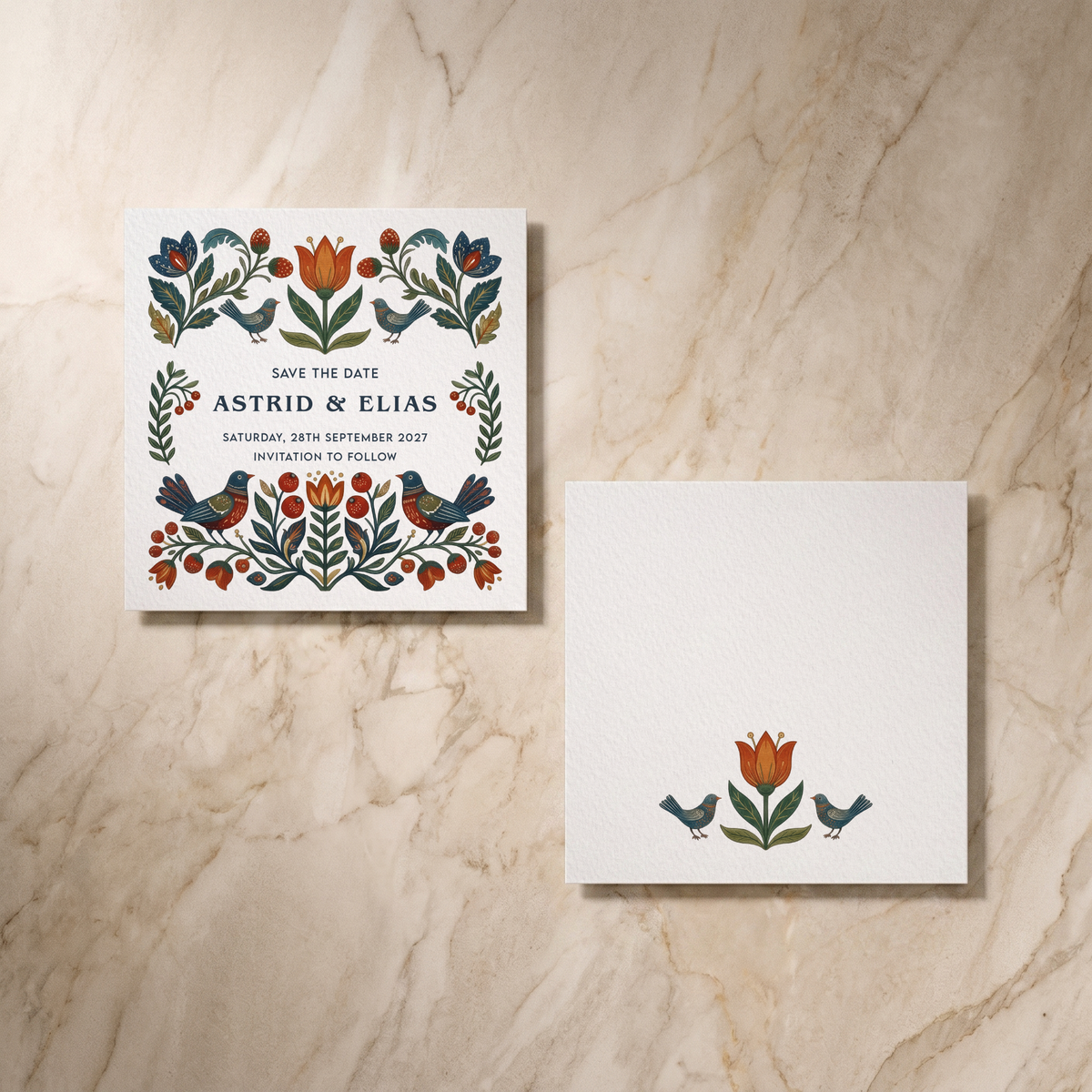 Botanical Folk save the date card, front and reverse, designed and printed in Suffolk