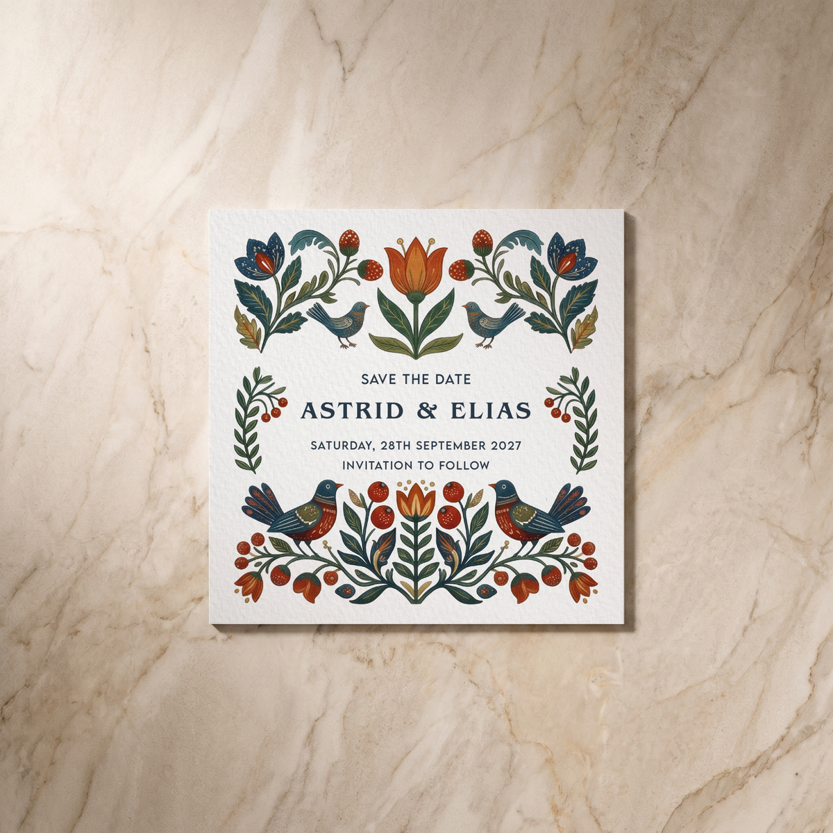 Botanical Folk save the date card, front design, designed and printed in Suffolk